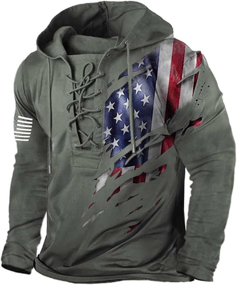 PORCLAY Men's American Flag Hoodie Outdoor Military Tactical Hooded Sweatshirt Graphic Printed Laceup Pullover Shirt - Image 3