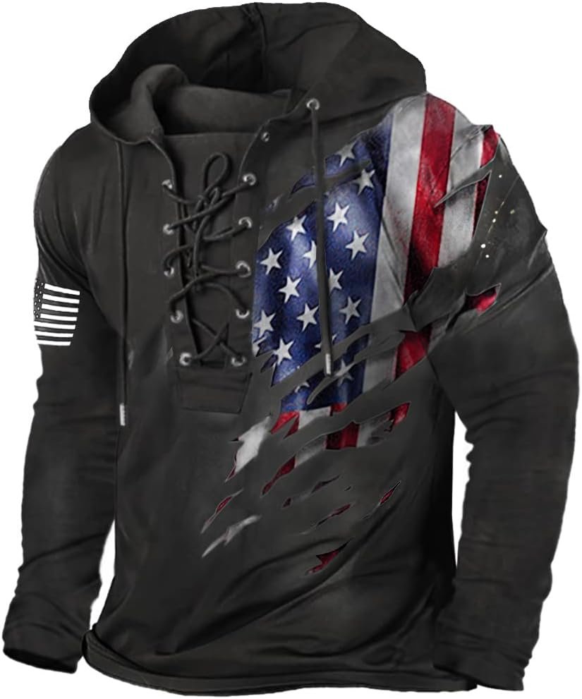 PORCLAY Men's American Flag Hoodie Outdoor Military Tactical Hooded Sweatshirt Graphic Printed Laceup Pullover Shirt - Image 4