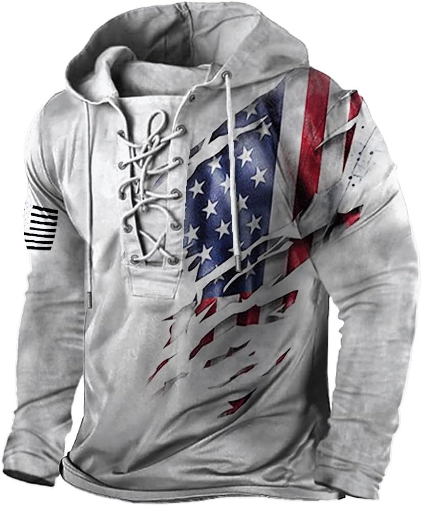 PORCLAY Men's American Flag Hoodie Outdoor Military Tactical Hooded Sweatshirt Graphic Printed Laceup Pullover Shirt - Image 5